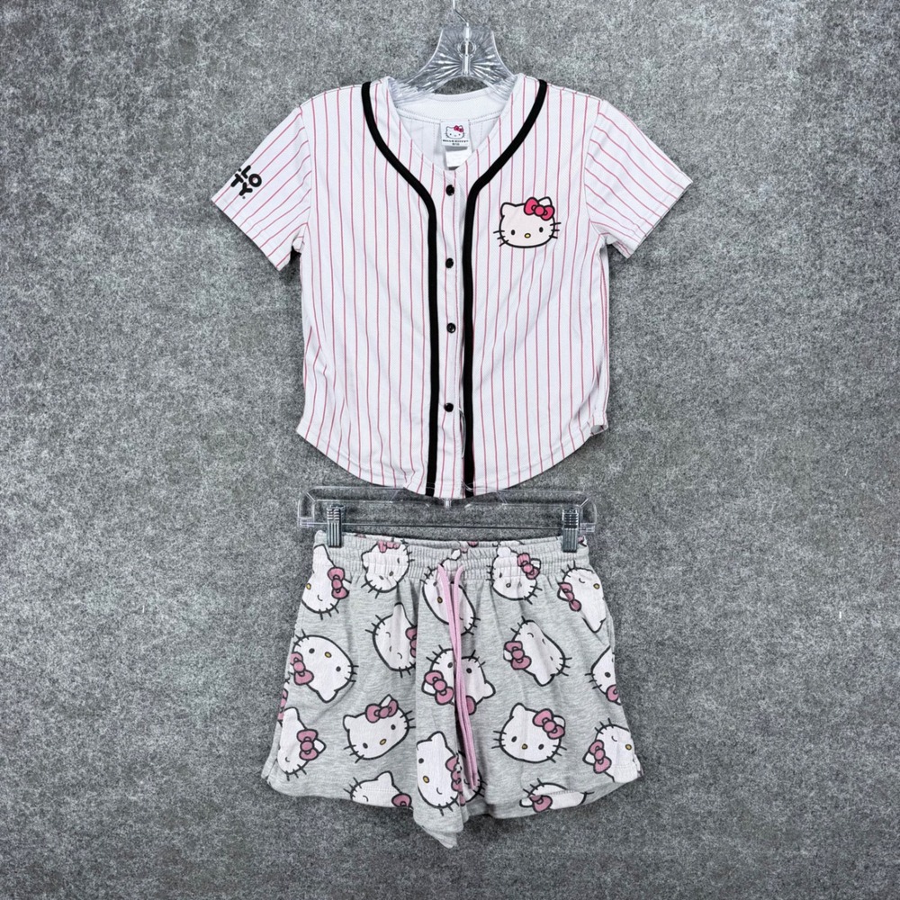 Hello Kitty Girls 8/10 S 2 Piece Baseball Jersey Shirt Shorts Pajama Lounge Set